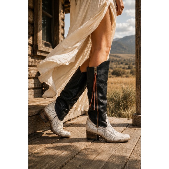 Freebird by Steven Shoes - Freebird BY STEVEN WHISPER Tall Western Boots 9 Snakeskin Leather Embroidered